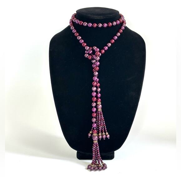 Vintage Joan Rivers Deep Purple Pearl Beaded Lariat With Rhinestones - Picture 1 of 4